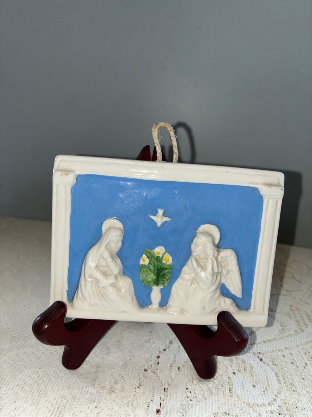 Madonna Annunciation &Angel Gabriel Italian Ceramic Della Robbia hanging Plaque
